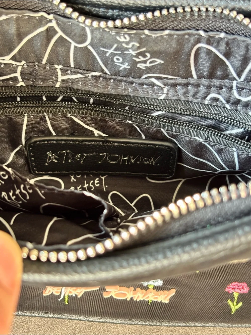 Betsey Johnson Black Shoulder Bag with Multicolor Floral Embroidery